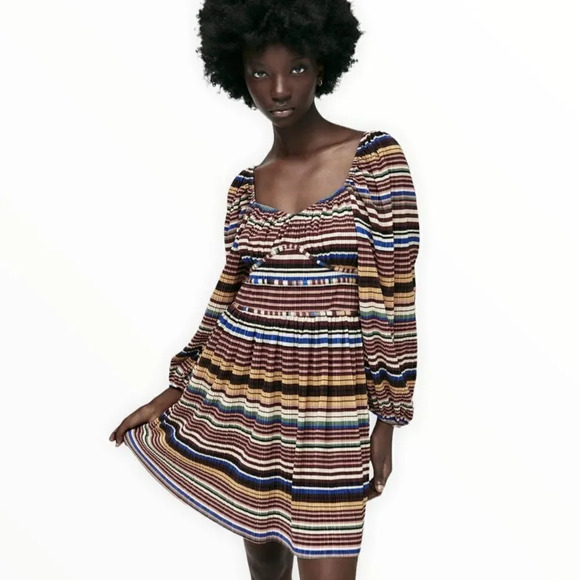 ZARA | Chocolate Brown | PRINTED PLEATED DRESS - Picture 8 of 10